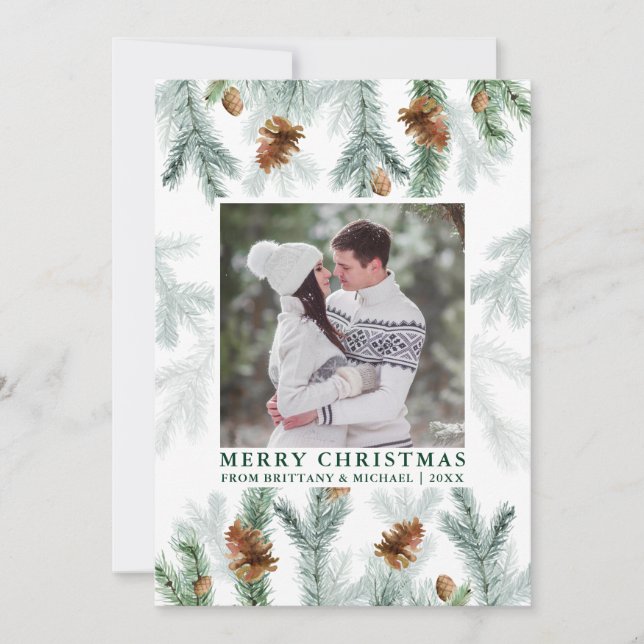 Cartão De Festividades Aquarela Pine Cone Greenery Casal Foto Verde (Frente)