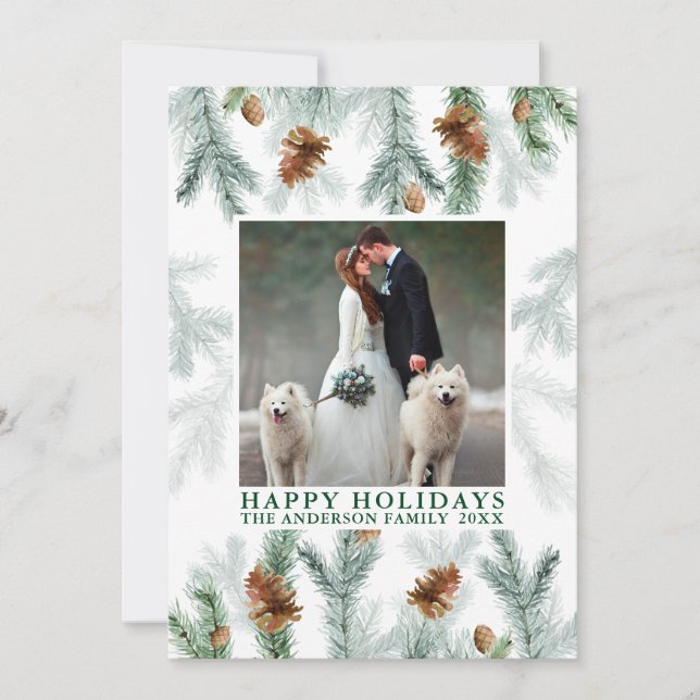 Cartão De Festividades Aquarela Pine Cone Greenery Foto Verde (Frente)