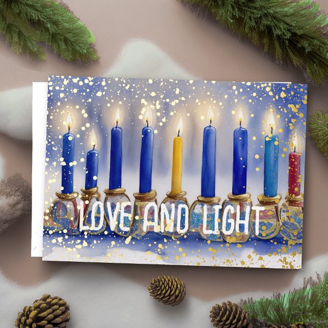 Cartão De Festividades Aquarela Pintura Menorah Amor e Luz (Criador carregado)