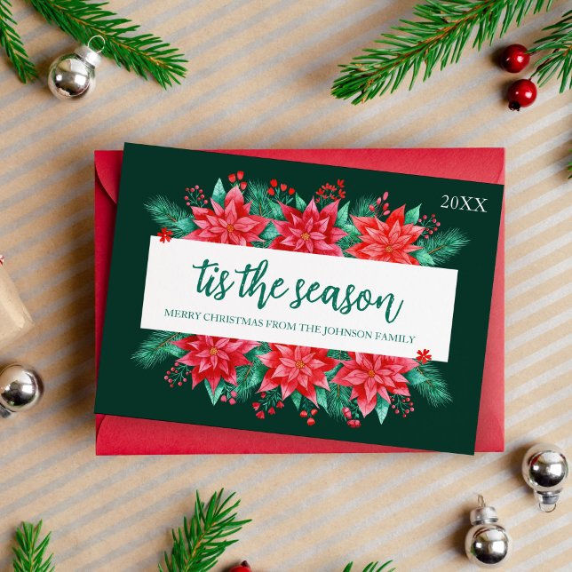 Cartão De Festividades Aquarela Poinsettia Botânica Natal (Watercolor Poinsettia Botanical Floral Christmas Holiday Card)