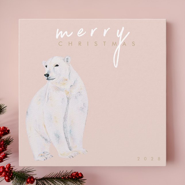 Cartão De Festividades Aquarela Polar Bear Moderno Feliz Natal (Criador carregado)