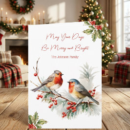 Cartão De Festividades Aquarela Robins Folhas de Natal Família Natal
