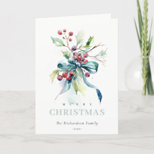 Cartão De Festividades Aquarela Verde Azul Inverno Frutas Natal