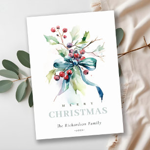 Cartão De Festividades Aquarela Verde Azul Inverno Frutas Natal