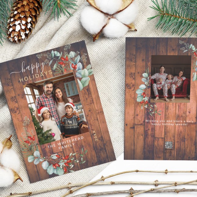 Cartão De Festividades Aquarela Verde Botânico Foto de Madeira Rústica (You will love these beautiful Christmas cards! They feature botanical watercolor pine and berries.)