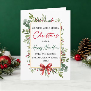 Cartão De Festividades Aquarela Verde Natal Arco Vermelho Ano Novo