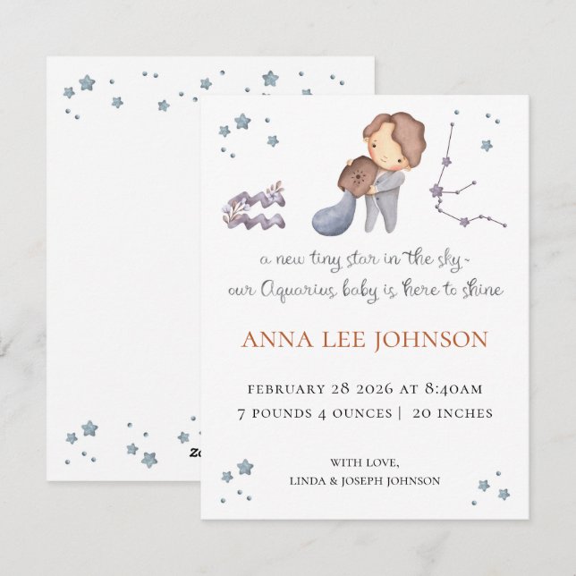 Cartão De Festividades Aquarius Zodiac Birth Announcement (Frente/Verso)