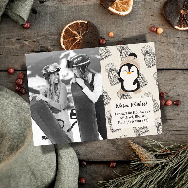 Cartão De Festividades Aquecimento Neutro Moderno Deseja Foto De Pinguim (Send cozy vibes and "Warm Wishes" with this holiday card featuring a penguin illustration.)