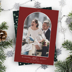 Cartão De Festividades Arca Elegante Casada e Foto Feliz Vermelha