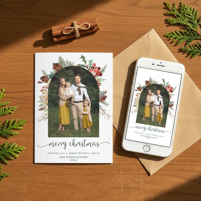 Cartão De Festividades Arca Verde Moderna Foto de Natal Feliz (Modern Greenery Arch Merry Christmas Photo Holiday Card with Instant Download Option)