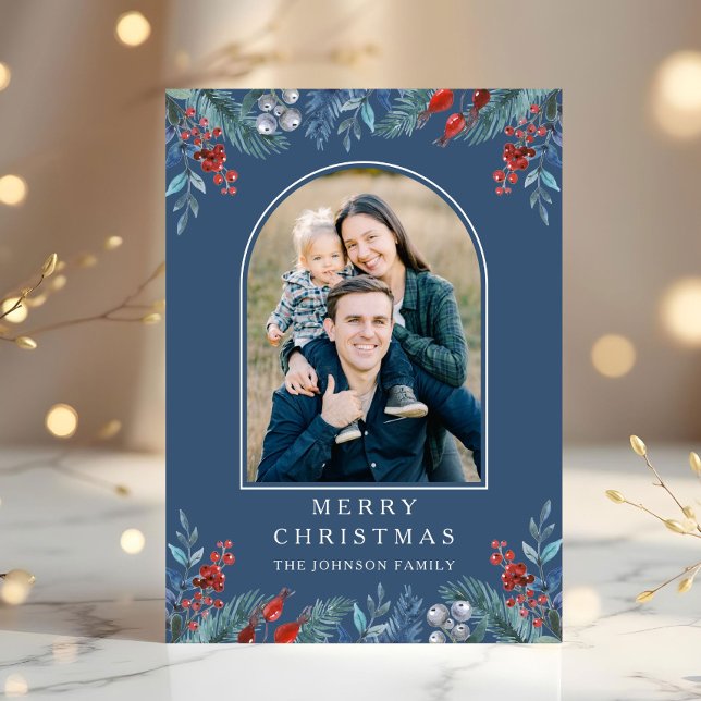 Cartão De Festividades Arch de Fotografias Natal 1 - Botânica (Christmas 1 Photo Arch Watercolor Botanical Holiday Card)