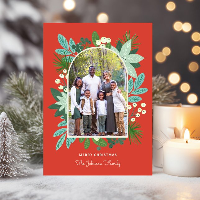 Cartão De Festividades Arch Frame Floral Feliz Foto de Natal Feliz (Arch Frame Floral Merry Christmas Photo Holiday Card)