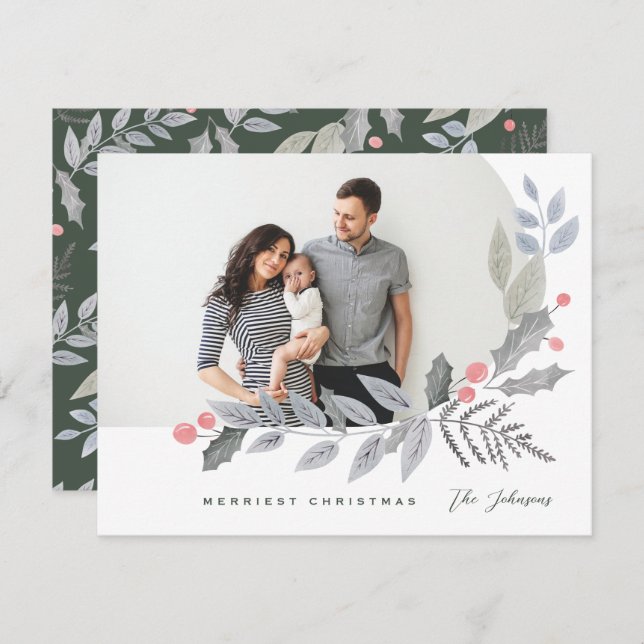 Cartão De Festividades Arch Holly Berry deixa a foto de Natal (Frente/Verso)