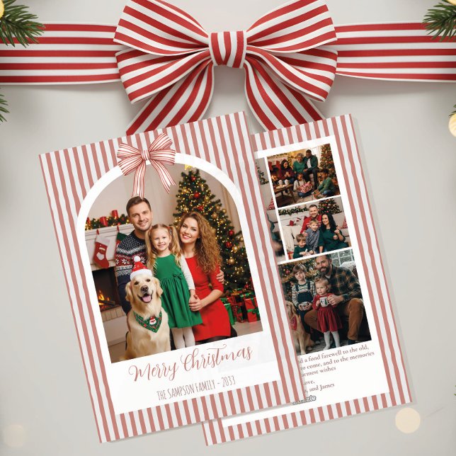 Cartão De Festividades Arch Photo Christmas Card with Red Stripes & Bow (Criador carregado)