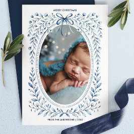 Cartão De Festividades Arco Azul Aquarela Foto Oval Floral Natal