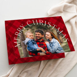 Cartão De Festividades Arco Boho de Xadrez Vermelho Feliz Natal Foto