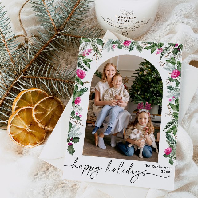 Cartão De Festividades Arco Botânico Moderno de Verde com Rosa Vibrante 1 (Criador carregado)