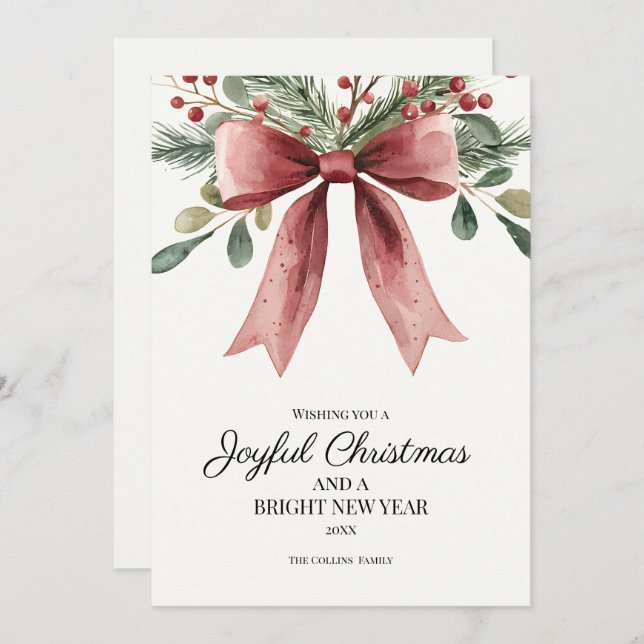 Cartão De Festividades Arco de Aquarela Vermelha Elegante Feliz Natal (Frente/Verso)