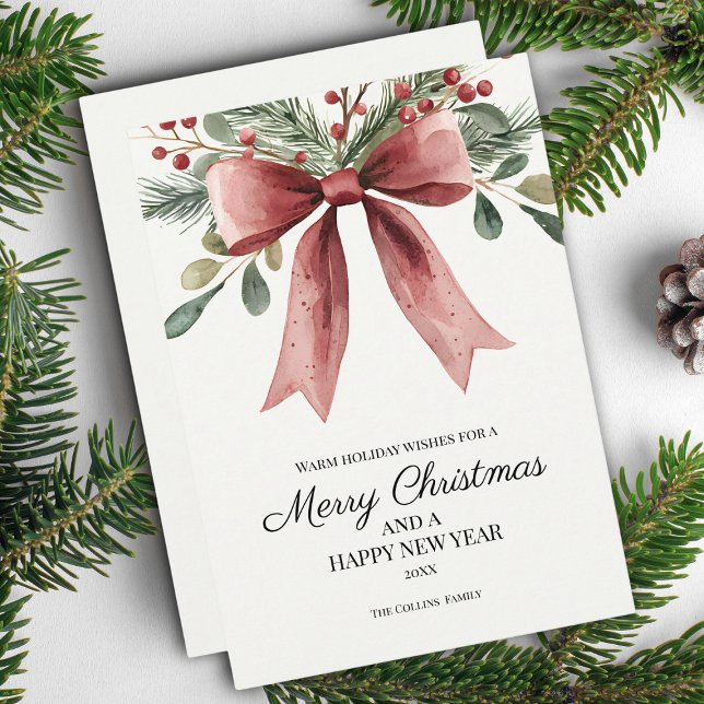 Cartão De Festividades Arco de Aquarela Vermelha Feliz Natal (Merry Christmas Red Elegant Watercolor Bow Holiday Card)