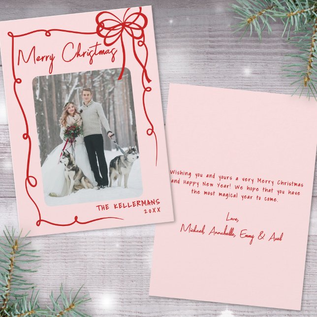 Cartão De Festividades Arco de Fita Desenhada à Mão - Voltar ao Natal (Hand Drawn Ribbon Bow Retro Christmas Holiday Card)