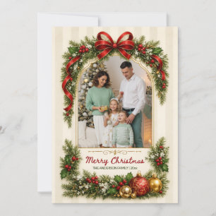 Cartão De Festividades Arco de Fita Vintage Família Foto Natal Férias
