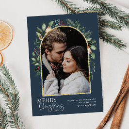 Cartão De Festividades Arco de folhagem dourada naval moderna elegante pa