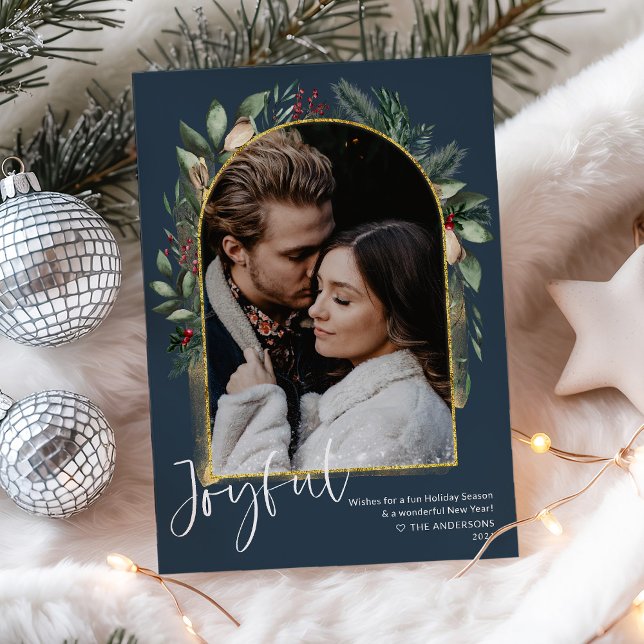 Cartão De Festividades Arco de folhagem dourado azul elegante para foto (Criador carregado)