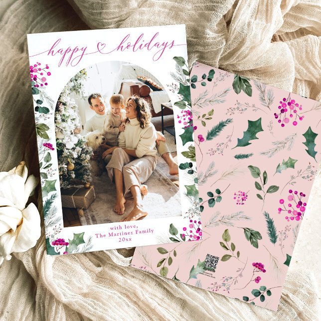 Cartão De Festividades Arco de Fotos da Família Simple & Rosa 1 Natal  (Criador carregado)