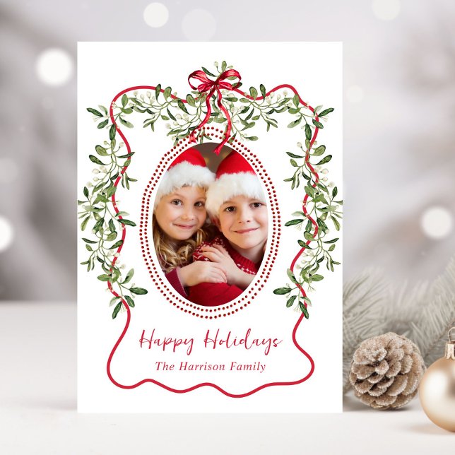 Cartão De Festividades Arco de Moldura Vermelha Natal Foto verde (Share the love and warmth of the holiday season with this personalized photo Christmas card)