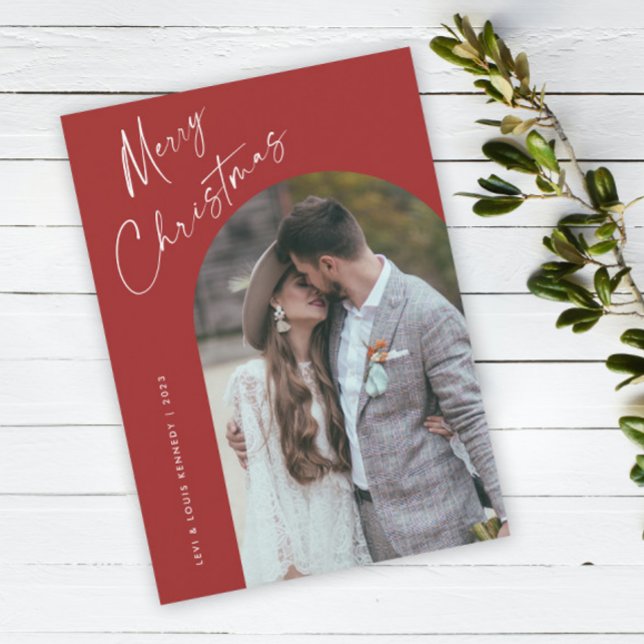 Cartão De Festividades Arco de Natal Boho com Letra Simples (Simple script boho arch photo Christmas holiday card with modern elegant handwritten typography.)