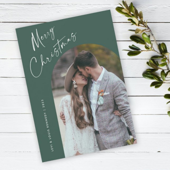 Cartão De Festividades Arco de Natal Boho com Letra Simples (Simple script boho arch photo Christmas holiday card with modern elegant handwritten typography.)