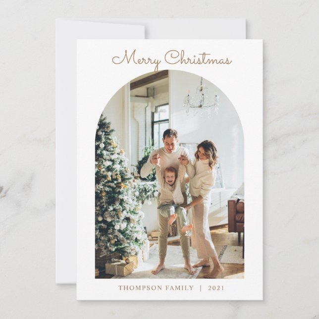 Cartão De Festividades Arco de Natal Dourado com Foto Moderno 5 (Frente)