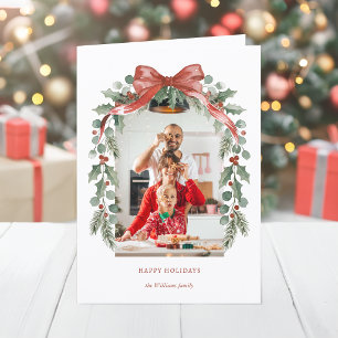 Cartão De Festividades Arco de Natal em Aquarela com Foto de Azevinho