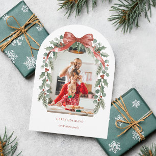Cartão De Festividades Arco de Natal em Aquarela com Foto de Azevinho