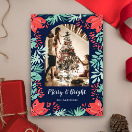 Cartão De Festividades Arco de Natal Foto Azul Floral Botânico 