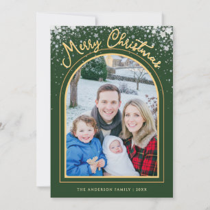 Cartão De Festividades Arco de Natal Foto Verde Dourado Personalizado