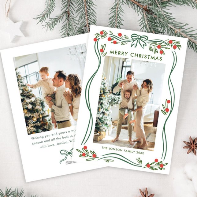 Cartão De Festividades Arco de Natal Verde Sage Whimsical Friso 2 Foto (Criador carregado)
