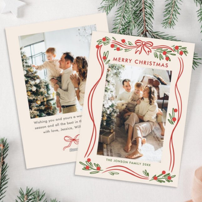 Cartão De Festividades Arco de Natal Vermelho Whimsical Boho Fita 2 Foto (Criador carregado)