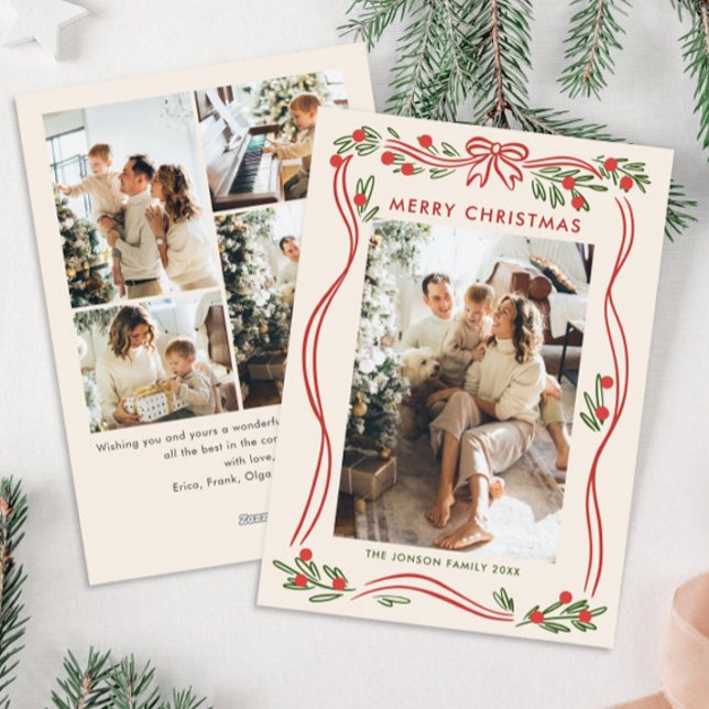 Cartão De Festividades Arco de Natal Vermelho Whimsical Boho Fita 5 Foto (Criador carregado)