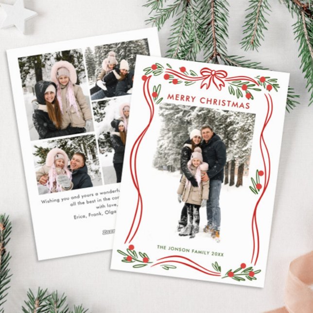 Cartão De Festividades Arco de Natal Vermelho Whimsical Boho Fita 5 Foto (Criador carregado)