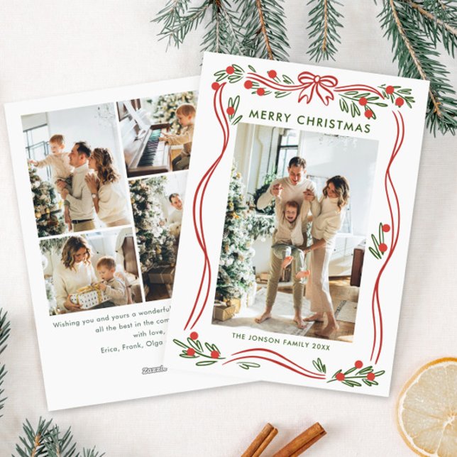 Cartão De Festividades Arco de Natal Vermelho Whimsical Boho Fita 5 Foto (Criador carregado)