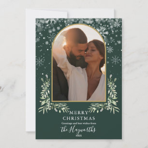 Cartão De Festividades Arco de Ouro da Escritura de Verde Foto Natal