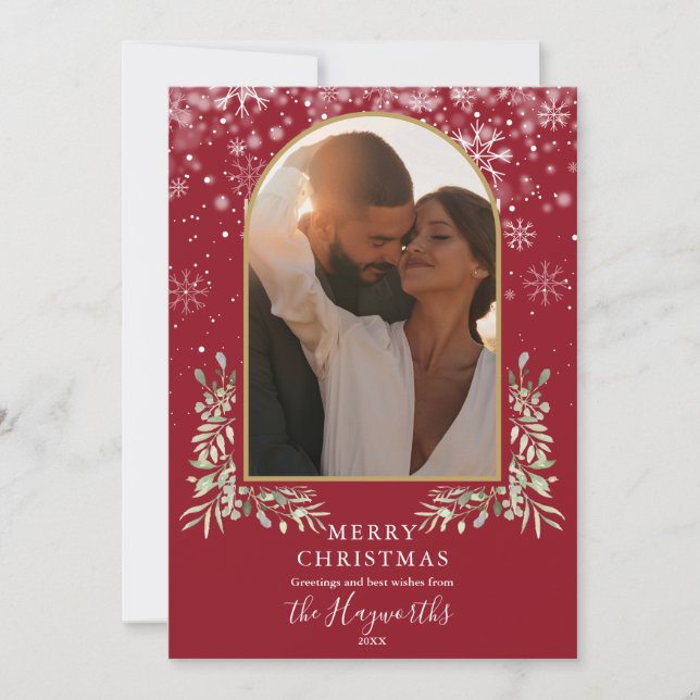 Cartão De Festividades Arco de Ouro de Natal Foto Folhagem (Frente)