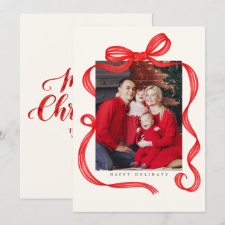 Cartão De Festividades Arco de Pincel Vermelho Natal Foto da Família Eleg