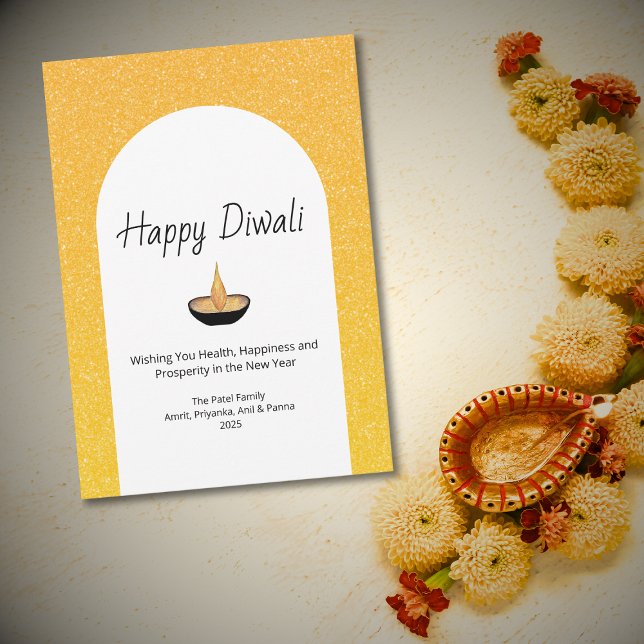 Cartão De Festividades Arco de Purpurina Dourada Lâmpada Diya Feliz Diwal (Criador carregado)