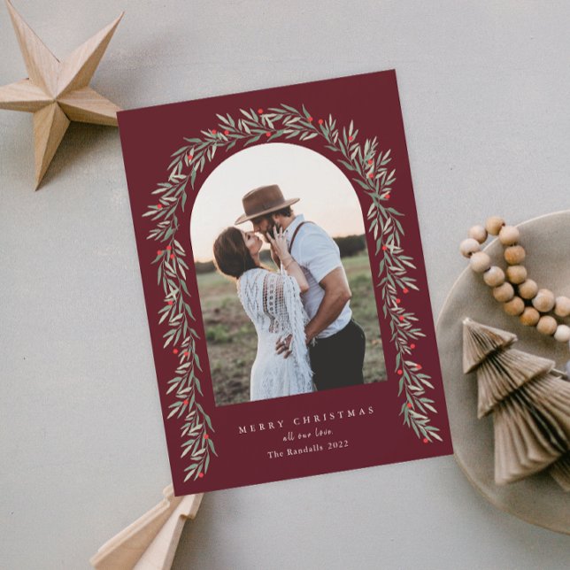 Cartão De Festividades Arco de Verdura com Letra Moderna Foto de Natal (Criador carregado)