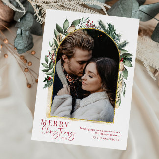 Cartão De Festividades Arco de Verdura Moderno Dourado Feliz Natal 1 Foto