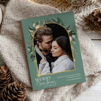 Cartão De Festividades Arco Dourado Moderno - Verde Feliz Foto de Natal