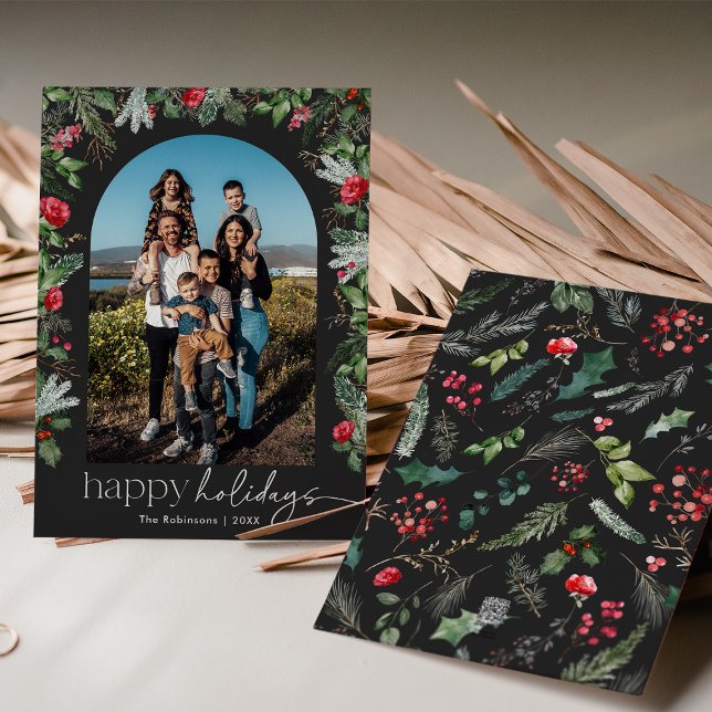 Cartão De Festividades Arco Floral Botânico Cinza Escuro Chic 1 Foto (Criador carregado)