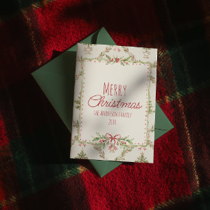 Cartão De Festividades Arco Floral Verde Vermelho Moldura Feliz Natal
